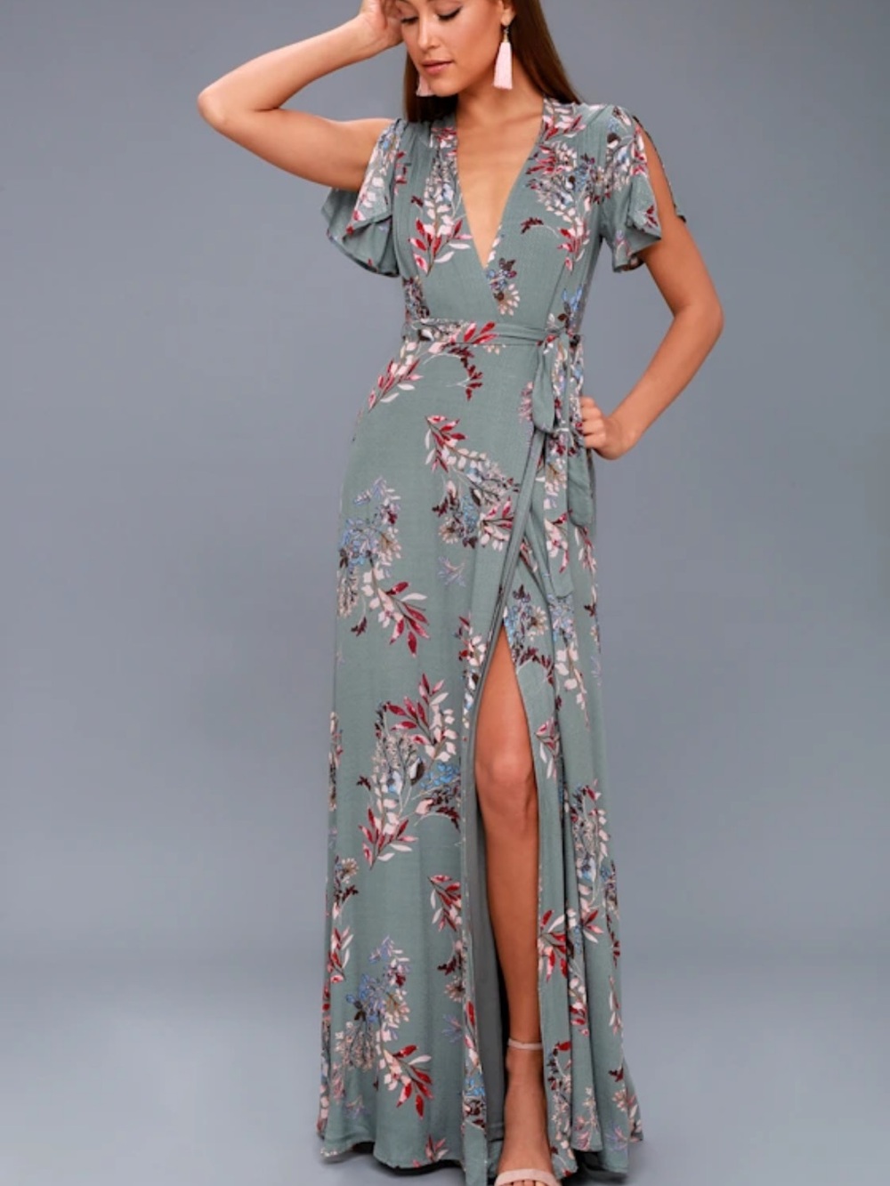 Lulus Fiorire Slate Blue Floral Print Wrap Maxi Dress